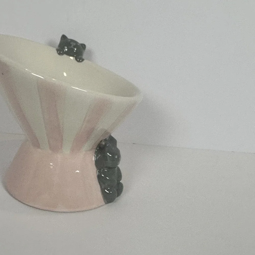 Mellow & Mod Cat Pedestal Bowl Pink Stripe Ceramic Raised Cat Food Dish